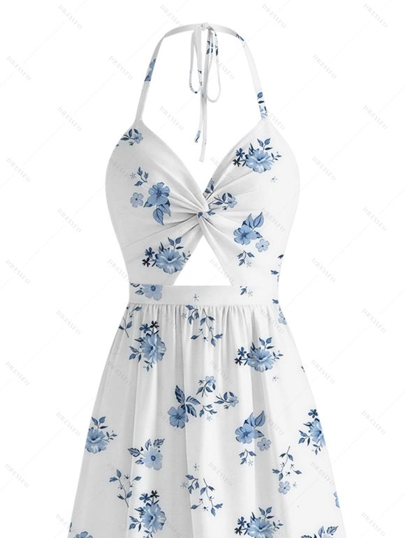 Vacation Halter Dress Porcelain Style Ditsy Floral Print Twisted Cut Out Bowknot Slit Dress - Blanc XXL | US 14