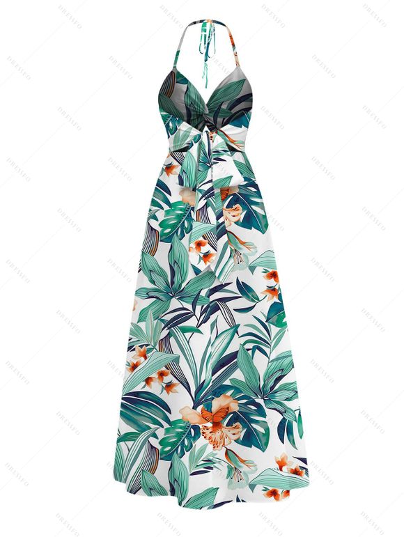 Hawaii Vacation Halter Dress Tropical Plant Floral Print Twisted Cut Out Slit Dress - Turquoise XXL | US 14