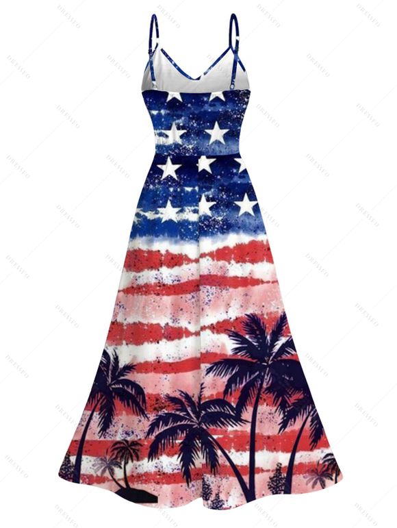 Patriotic Dress Retro Watercolor American Flag Palm Tree Print Lace Hollow Out Slit Dress - multicolor A XXXXXL | US 20