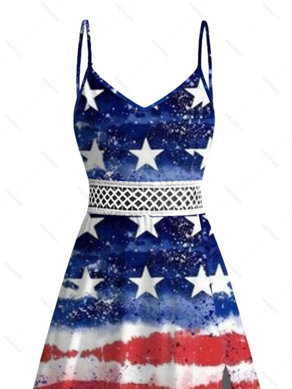 Patriotic Dress Retro Watercolor American Flag Palm Tree Print Lace Hollow Out Slit Dress - multicolor A XXXXXL | US 20