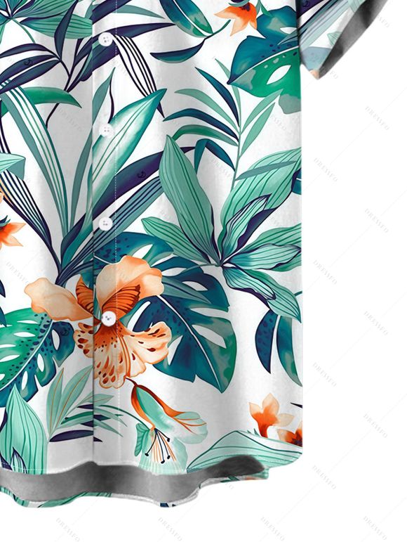Men's Hawaii Vacation Shirt Tropical Plant Floral Print Button Up Shirt - Turquoise 5XL