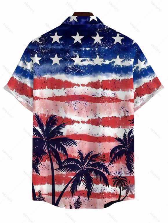 Men's Patriotic Shirt Retro Watercolor American Flag Palm Tree Print Button Up Shirt - multicolor A 5XL