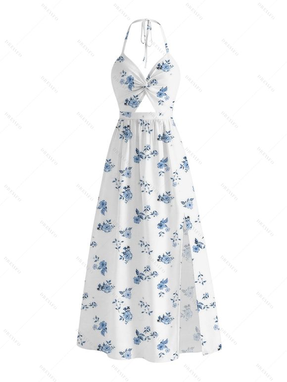 Vacation Couple Outfit Ditsy Floral Print Twisted Cut Out Slit Halter Dress and Shirt Set - Blanc S | US 4