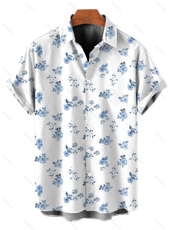 Vacation Couple Outfit Ditsy Floral Print Twisted Cut Out Slit Halter Dress and Shirt Set - Blanc S | US 4