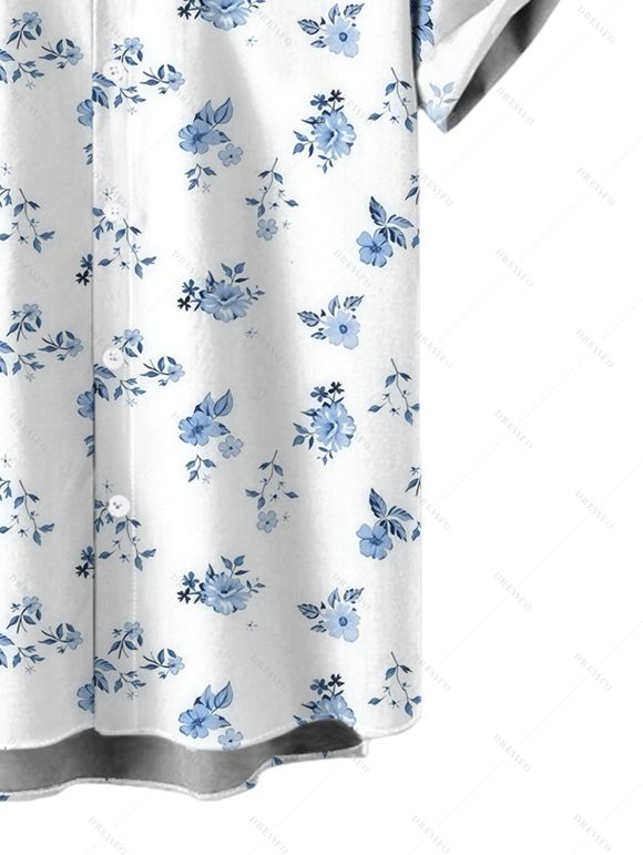 Vacation Couple Outfit Ditsy Floral Print Twisted Cut Out Slit Halter Dress and Shirt Set - Blanc S | US 4