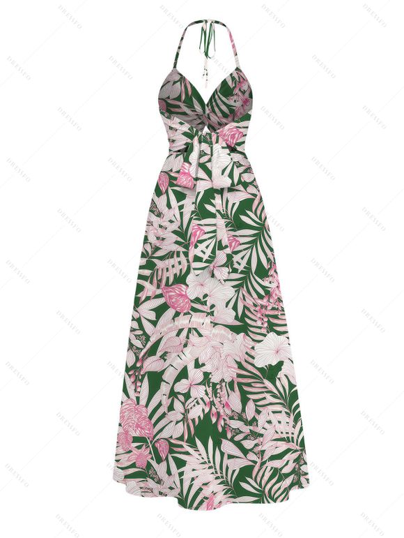 Vacation Couple Outfit Hibiscus Floral Palm Leaf Print Twisted Cut Out Slit Halter Dress and Shirt Set - Rose clair S | US 4