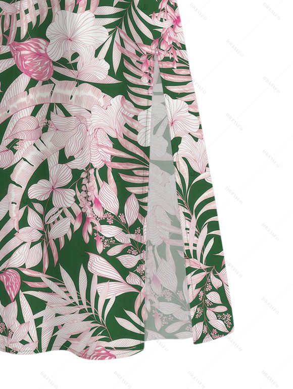 Vacation Couple Outfit Hibiscus Floral Palm Leaf Print Twisted Cut Out Slit Halter Dress and Shirt Set - Rose clair S | US 4