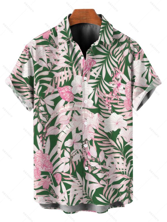 Vacation Couple Outfit Hibiscus Floral Palm Leaf Print Twisted Cut Out Slit Halter Dress and Shirt Set - Rose clair S | US 4