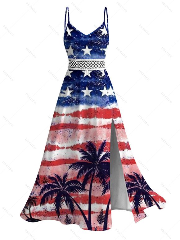Patriotic Couple Outfit American Flag Palm Tree Print Lace Hollow Out Slit Dress and Shirt Set - multicolor A S | US 4