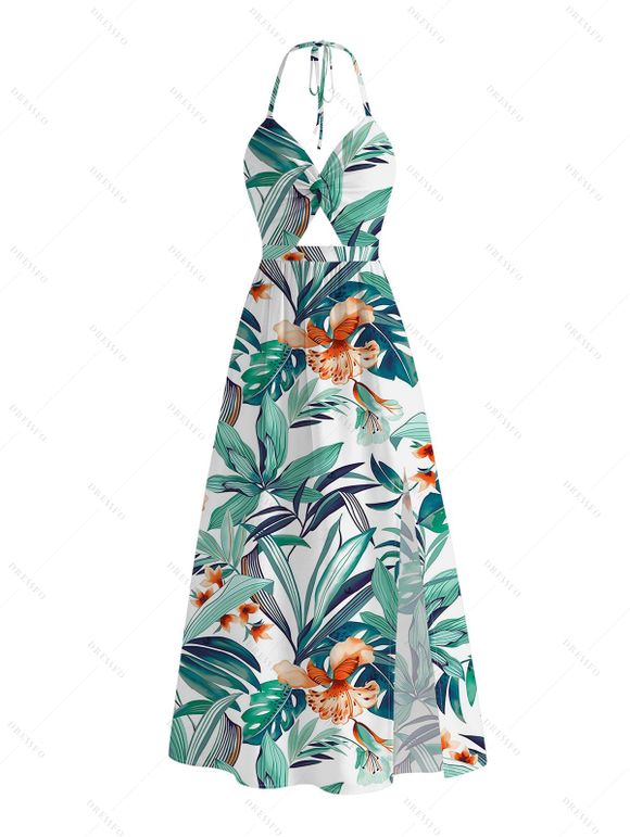 Vacation Couple Outfit Tropical Plant Floral Print Twisted Cut Out Slit Halter Dress and Shirt Set - Turquoise S | US 4
