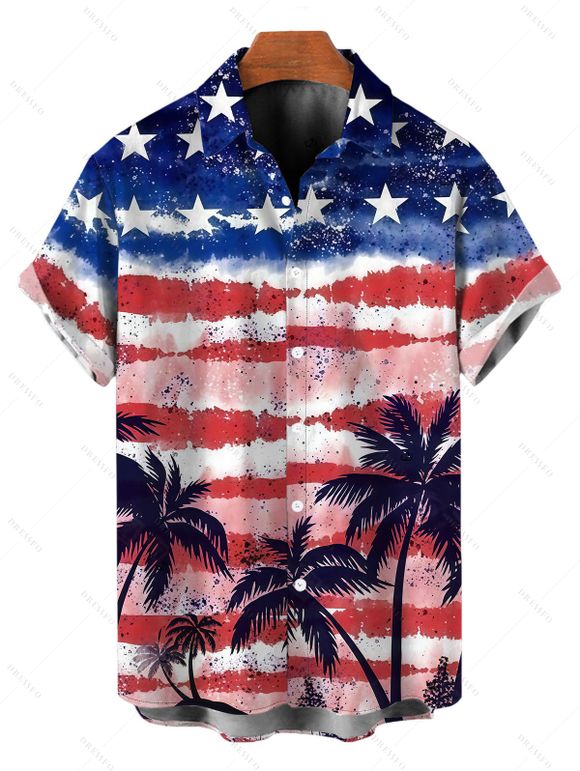 Patriotic Couple Outfit American Flag Palm Tree Print Lace Hollow Out Slit Dress and Shirt Set - multicolor A S | US 4