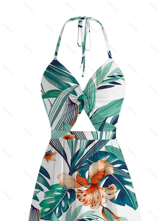 Vacation Couple Outfit Tropical Plant Floral Print Twisted Cut Out Slit Halter Dress and Shirt Set - Turquoise S | US 4