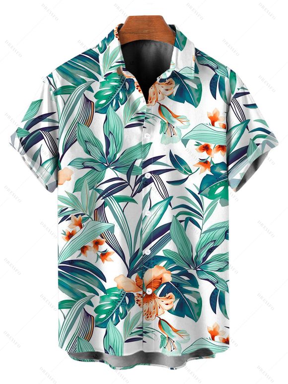 Vacation Couple Outfit Tropical Plant Floral Print Twisted Cut Out Slit Halter Dress and Shirt Set - Turquoise S | US 4