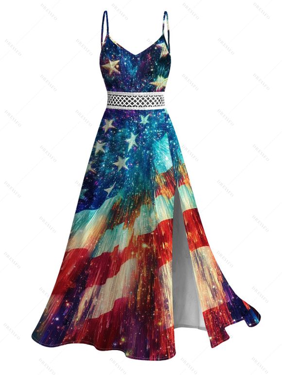 Patriotic Couple Outfit Starburst American Flag Print Lace Hollow Out Slit Dress and Shirt Set - multicolor A S | US 4