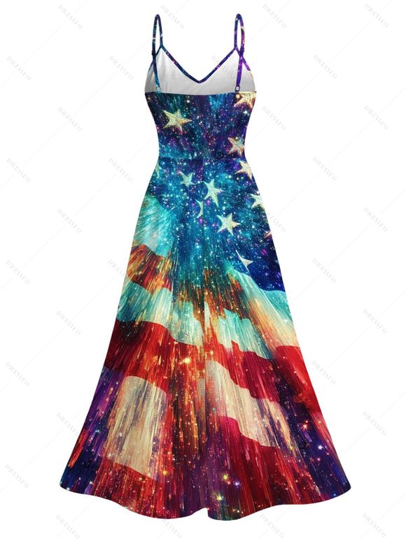 Patriotic Couple Outfit Starburst American Flag Print Lace Hollow Out Slit Dress and Shirt Set - multicolor A S | US 4