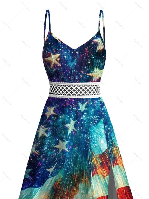 Patriotic Couple Outfit Starburst American Flag Print Lace Hollow Out Slit Dress and Shirt Set - multicolor A S | US 4