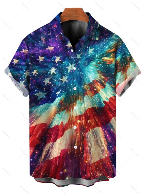 Patriotic Couple Outfit Starburst American Flag Print Lace Hollow Out Slit Dress and Shirt Set - multicolor A S | US 4