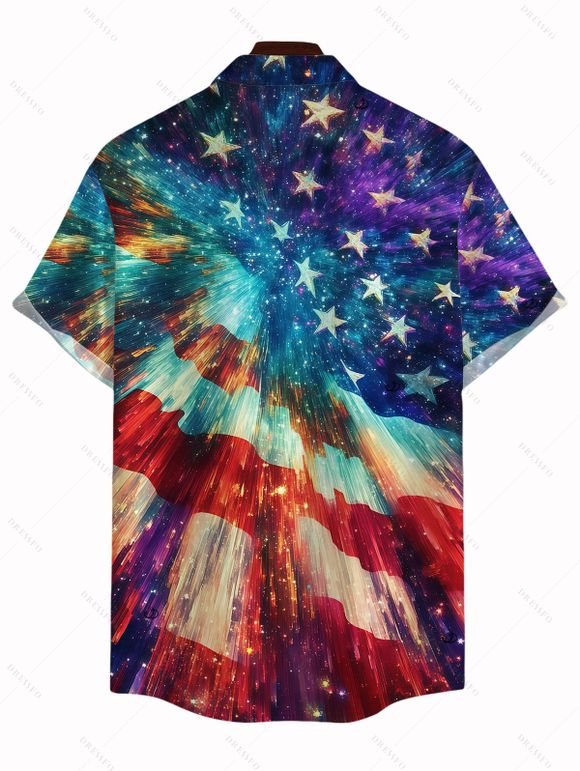 Patriotic Couple Outfit Starburst American Flag Print Lace Hollow Out Slit Dress and Shirt Set - multicolor A S | US 4