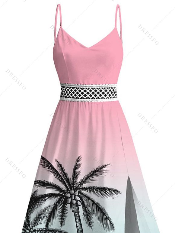Vacation Dress for Beach Ombre Coconut Tree Print Lace Hollow Out Slit Dress - Rose XXXXXL | US 20