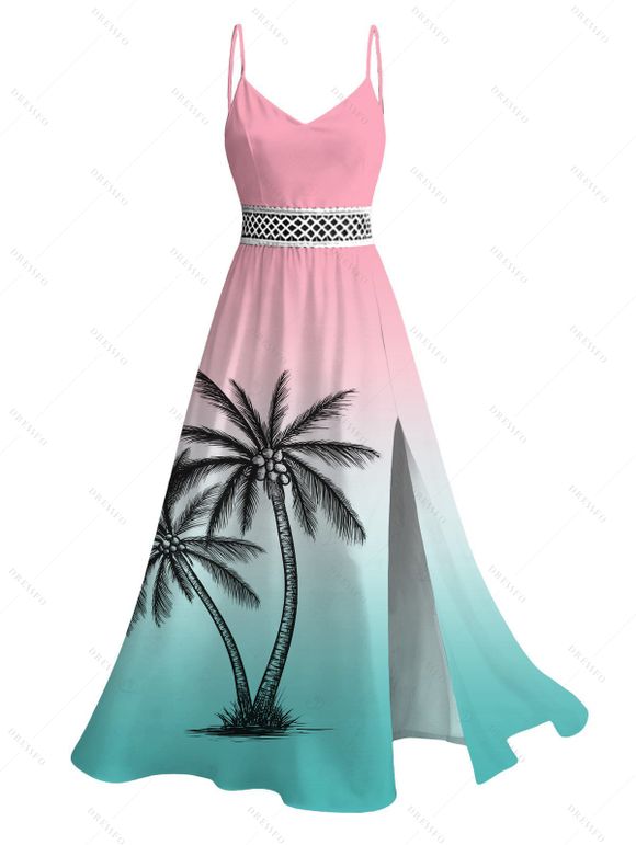 Vacation Couple Outfit Ombre Coconut Tree Print Lace Hollow Out Slit Dress and Shirt Set - Rose S | US 4