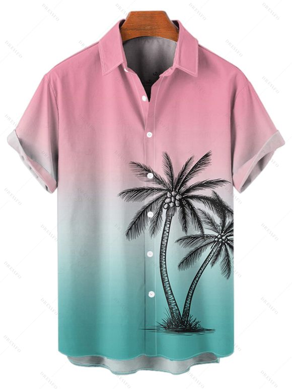 Vacation Couple Outfit Ombre Coconut Tree Print Lace Hollow Out Slit Dress and Shirt Set - Rose S | US 4