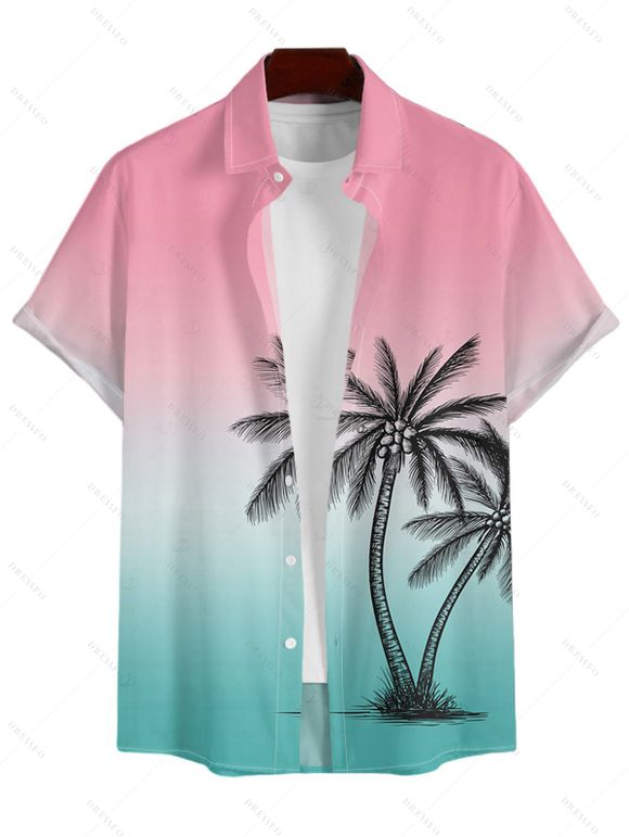 Vacation Couple Outfit Ombre Coconut Tree Print Lace Hollow Out Slit Dress and Shirt Set - Rose S | US 4