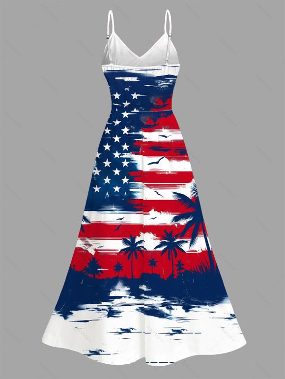 Independence Day Dress American Flag Elements Star Striped Pattern Coconut Tree Lace Hollow Out Slit Patriotic Dress - multicolor XXXXXL | US 20