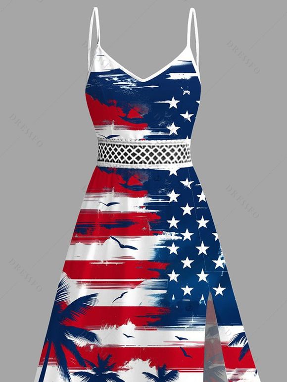 Independence Day Dress American Flag Elements Star Striped Pattern Coconut Tree Lace Hollow Out Slit Patriotic Dress - multicolor XXXXXL | US 20