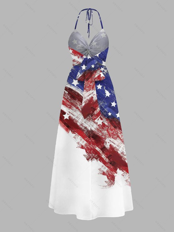 Independence Day Dress American Flag Elements Star Striped Print Twisted Cut Out Slit Halter Patriotic Dress - multicolor XXXXXL | US 20
