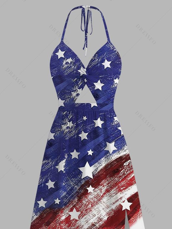 Independence Day Dress American Flag Elements Star Striped Print Twisted Cut Out Slit Halter Patriotic Dress - multicolor XXXXXL | US 20