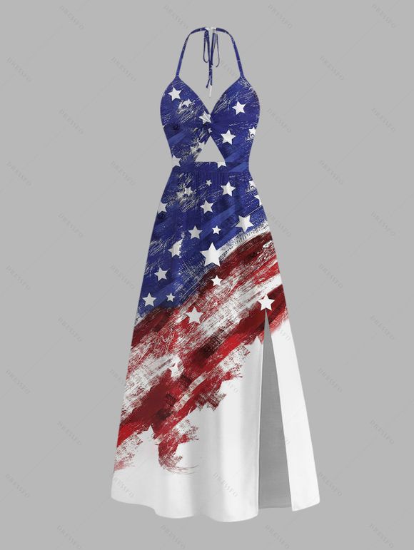 Independence Day Couple Outfit American Flag Elements Print Twisted Cut Out Slit Halter Dress and Shirt Set - multicolor S | US 4