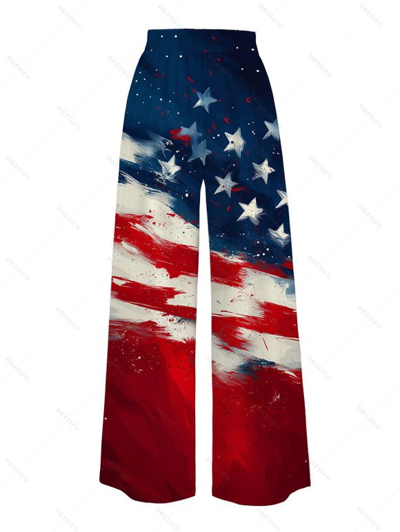 American Flag Elements Star Striped Pattern Independence Day Pants Pocket Wide Leg Belt Patriotic Pants - multicolor XXXXXL | US 20