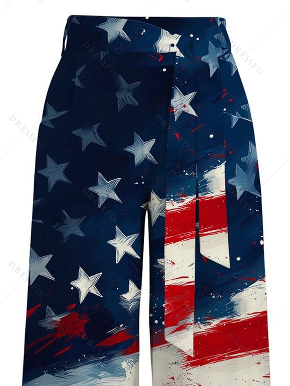 American Flag Elements Star Striped Pattern Independence Day Pants Pocket Wide Leg Belt Patriotic Pants - multicolor XXXXXL | US 20