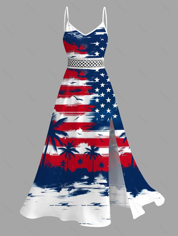 Independence Day Couple Outfit Star Striped Pattern Coconut Tree Hollow Out Slit Dress and Shirt Set - multicolor S | US 4