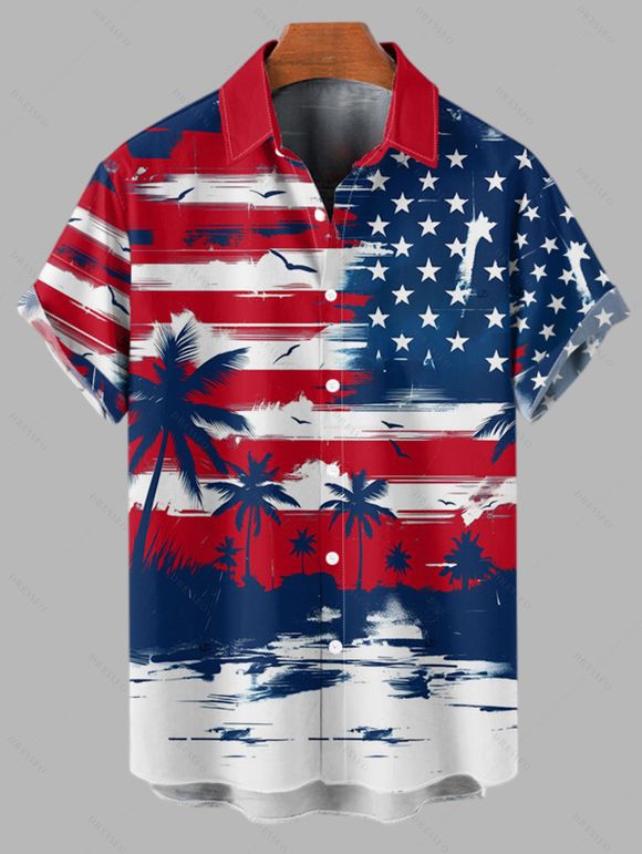 Independence Day Couple Outfit Star Striped Pattern Coconut Tree Hollow Out Slit Dress and Shirt Set - multicolor S | US 4