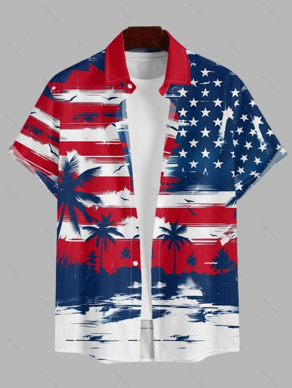 Independence Day Couple Outfit Star Striped Pattern Coconut Tree Hollow Out Slit Dress and Shirt Set - multicolor S | US 4