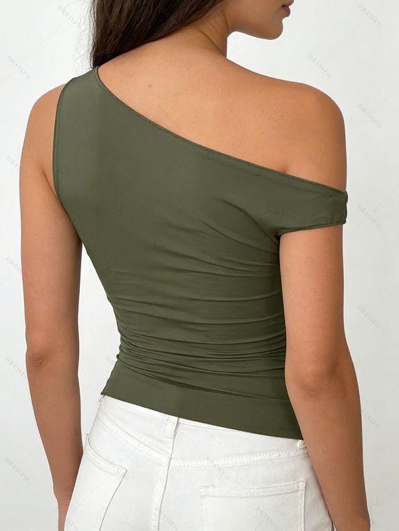 Skew Neck Tank Top Solid Color Ruched Casual Tank Top - Vert Armée XL | US 10