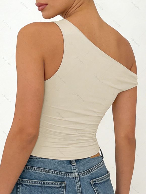 Skew Neck Tank Top Solid Color Ruched Casual Tank Top - café lumière M | US 6