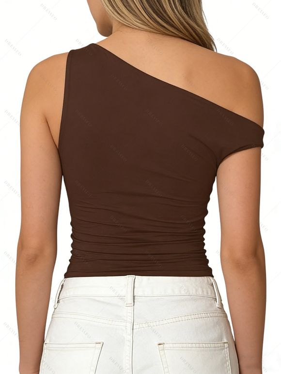 Skew Neck Tank Top Solid Color Ruched Casual Tank Top - Café profond L | US 8