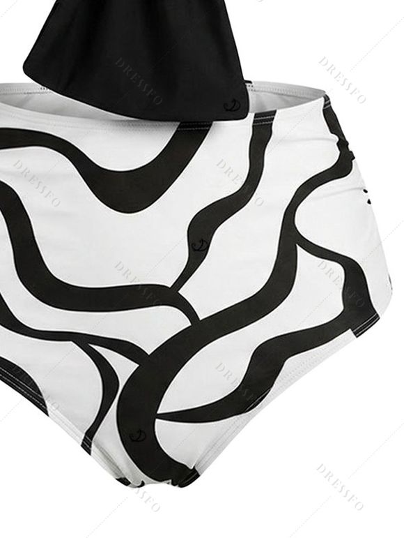 Two Piece Beach Tankini Swimsuit Twisted Bowknot Spaghetti Strap Padded Top and Colored Leaf Pattern Ruched Tummy Control Briefs Vacation Swimwear - Noir XL | US 10