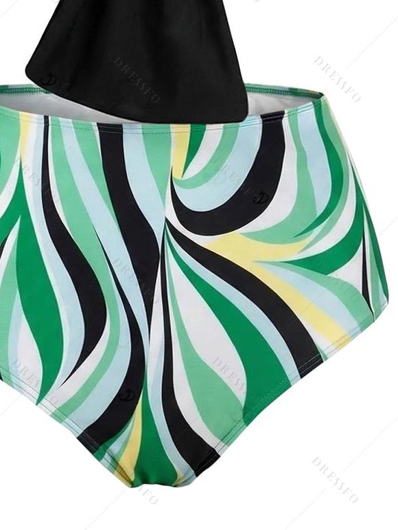 Two Piece Beach Tankini Swimsuit Twisted Bowknot Spaghetti Strap Padded Top and Colored Leaf Pattern Ruched Tummy Control Briefs Vacation Swimwear - multicolor XL | US 10