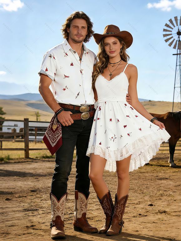 Vacation Couple Outfit Ditsy Floral Print Irregular Hem Dress and Shirt Set - Blanc S | US 4