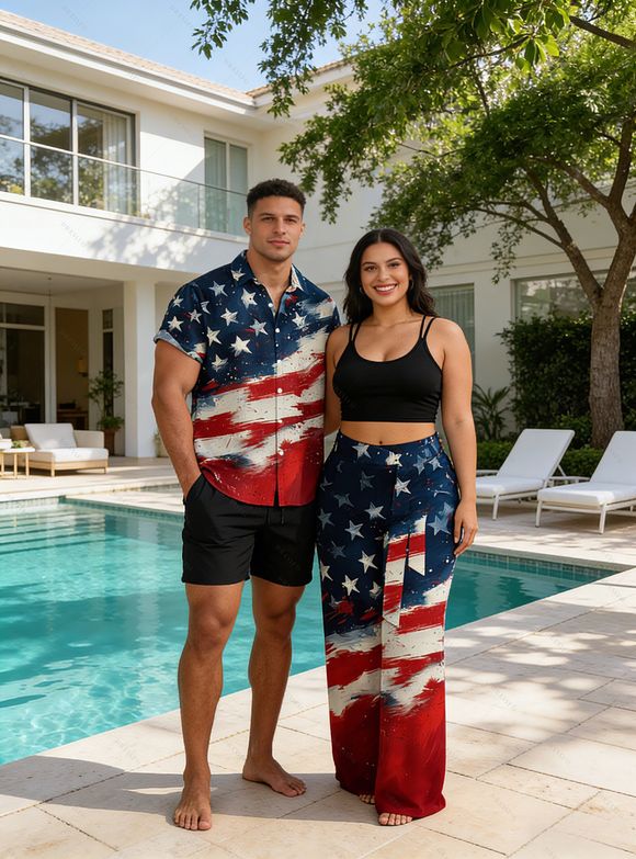 Independence Day Couple Outfit Padded Cropped Tank Top American Flag Elements Pattern Belt Pants and Shirt Shorts Set - multicolor S | US 4