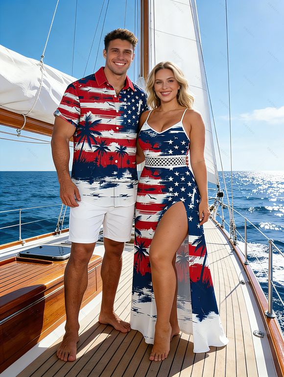 Independence Day Couple Outfit Star Striped Pattern Coconut Tree Hollow Out Slit Dress and Shirt Set - multicolor S | US 4