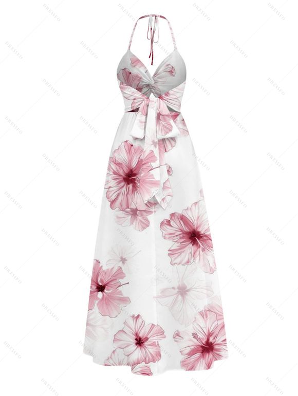 Vacation Halter Dress Watercolor Hibiscus Floral Pattern Twisted Cut Out Slit Dress - Blanc XXL | US 14