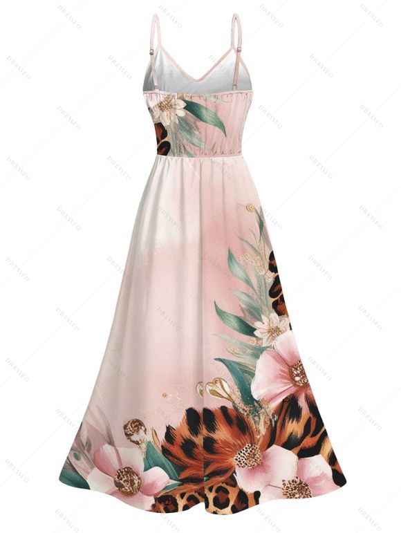 Hawaii Vacation Dress Leopard Watercolor Floral Print Lace Hollow Out Slit Dress - Rose XXXXXL | US 20