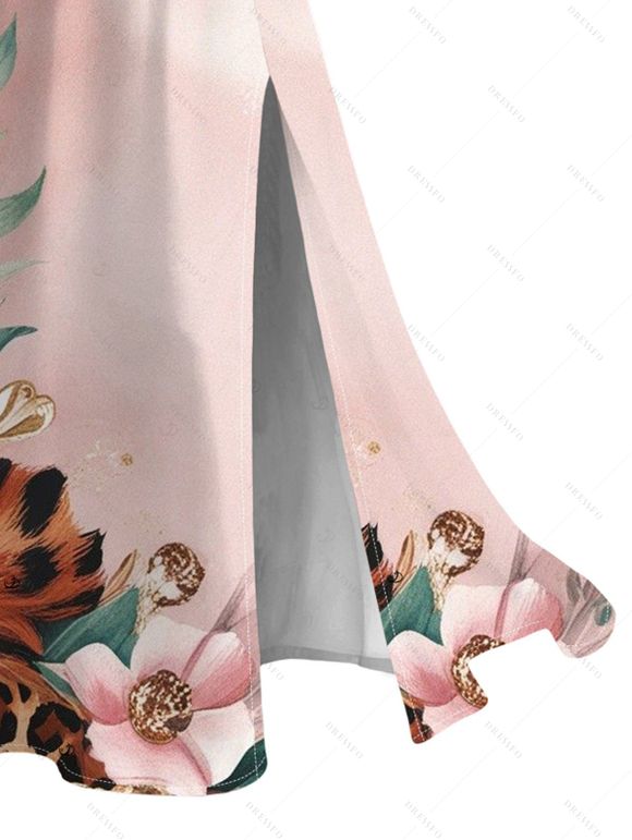 Hawaii Vacation Dress Leopard Watercolor Floral Print Lace Hollow Out Slit Dress - Rose XXXXXL | US 20