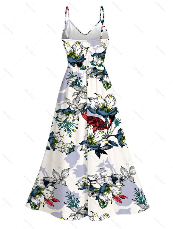 Hawaii Vacation Dress Retro Sketch Style Tropical Blossom Leaf Pattern Lace Hollow Out Slit Dress - Blanc XXXXXL | US 20