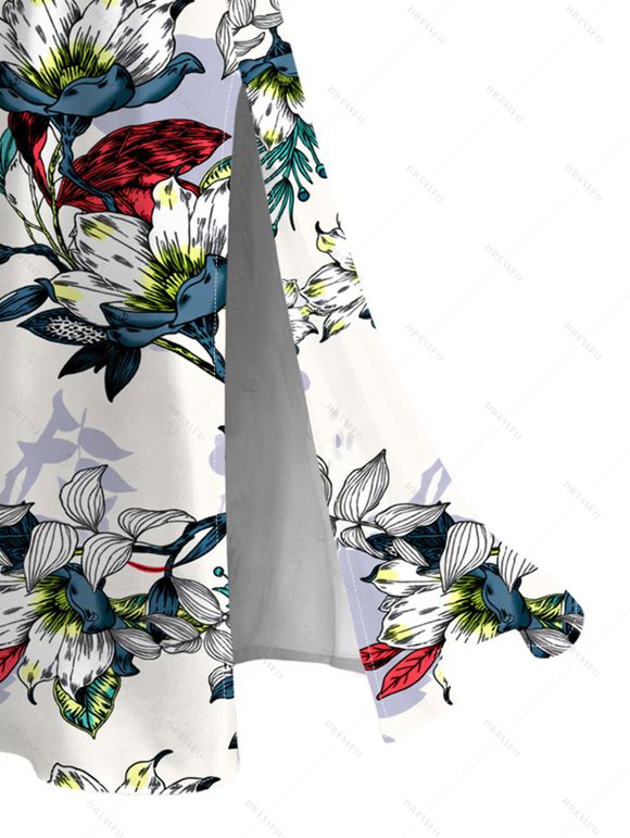 Hawaii Vacation Dress Retro Sketch Style Tropical Blossom Leaf Pattern Lace Hollow Out Slit Dress - Blanc XXXXXL | US 20
