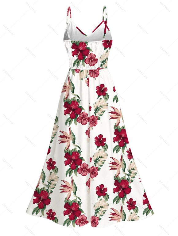 Hawaii Vacation Dress Tropical Hibiscus Floral Leaf Print Lace Hollow Out Slit Dress - Blanc XXXXXL | US 20